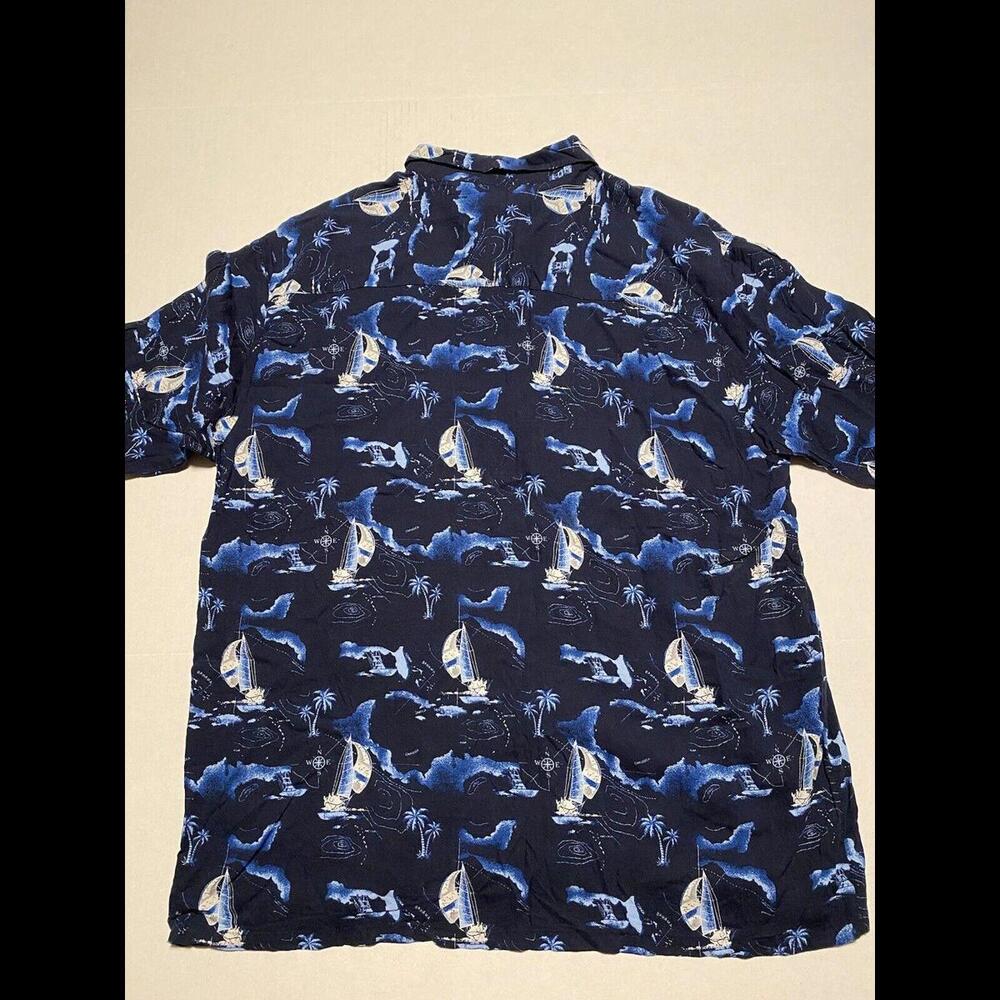 Hawaiian Tropical Button Up Shirt Men's Large Short Sleeve Blue Sailboat